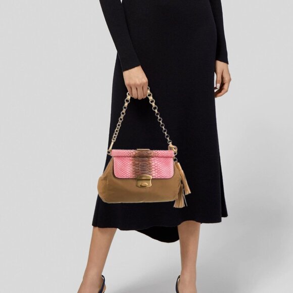 PRADA Tan Pitone-Trimmed Tessuto Frame Bag - Picture 2 of 6